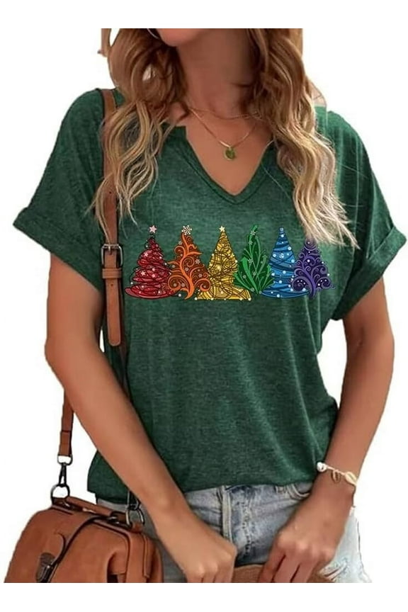 Womens Short Sleeve V Neck Merry Christmas T-Shirts Christmas Tree Bright Graphic Tee Tops (XXL,Green)