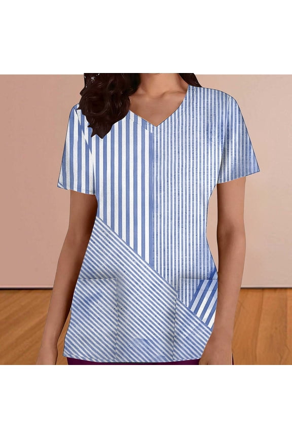 Womens Short Sleeve V-Neck Scrub Top - Light Blue Striped Stretchy Polyester Spandex Slim Fit with Pockets for Work & Casual,Size S