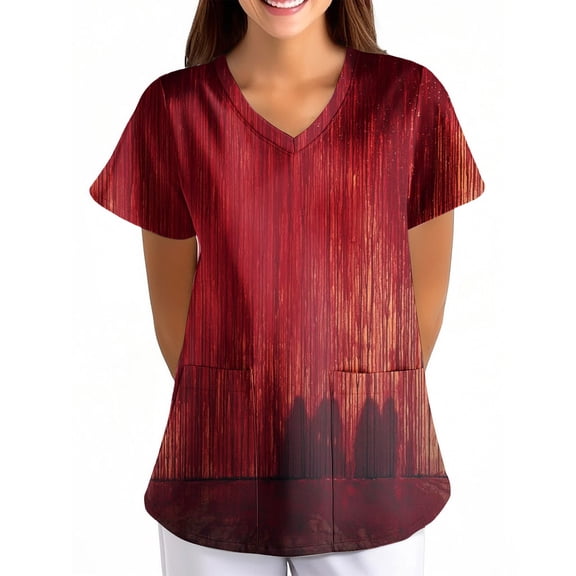 Womens Short Sleeve V-Neck Scrub Top with Abstract Gradient Print and Lightweight Casual Blouse for Summer Work or Daily Wear Red S