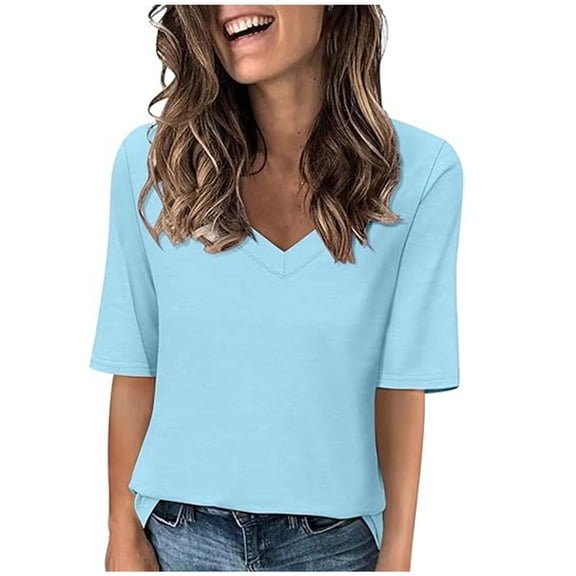 Womens Short Sleeve V Neck Shirts Comfy Trendy Blouses Ladies Tunic Elegant Loose Casual Summer Basic Tees Tops
