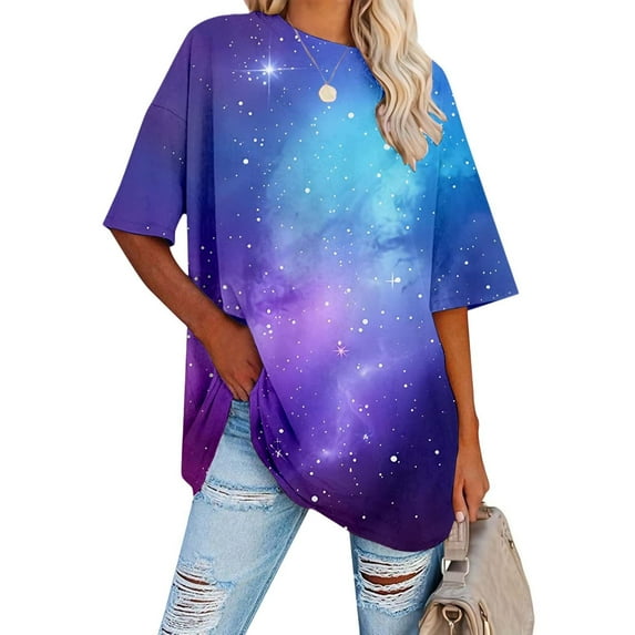 Womens Short Sleeve V Neck T-Shirts Casual T Shirts Loose Fit Drop Shoulder Soft Tee Starry Print Casual Tee Tops