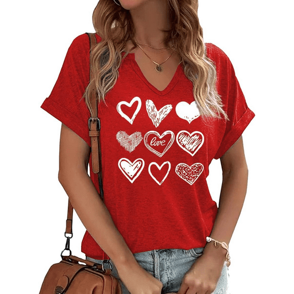 Womens Short Sleeve V Neck T-Shirts Love Heart Valentina's Day Graphic Tee Tops