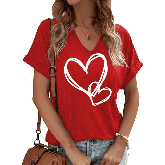 Womens Short Sleeve V Neck T-Shirts Love Heart Valentina's Day Graphic Tee Tops