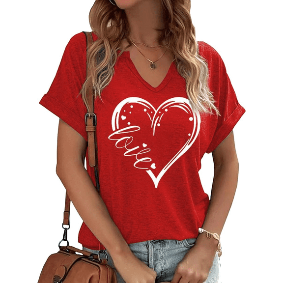 Womens Short Sleeve V Neck T-Shirts Love Heart Valentina's Day Graphic Tee Tops