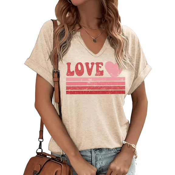 Womens Short Sleeve V Neck T-Shirts Love Heart Valentina's Day Graphic Tee Tops