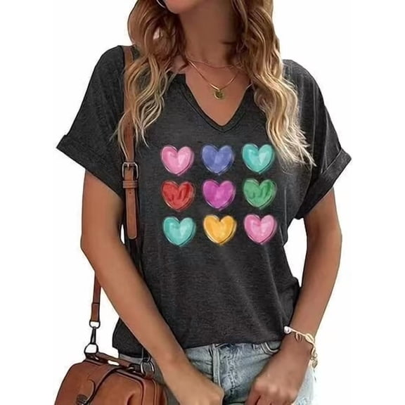Womens Short Sleeve V Neck T-Shirts Love Heart Valentina's Day Graphic Tee Tops