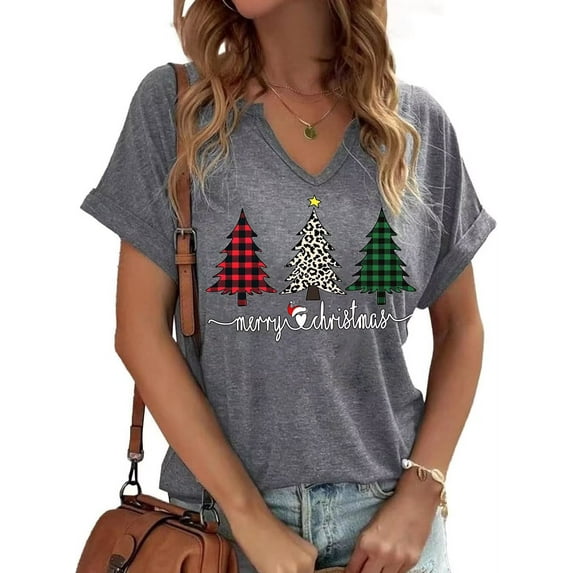 Womens Short Sleeve V Neck T-Shirts Merry Bright Christmas Tree Graphic Tee Tops