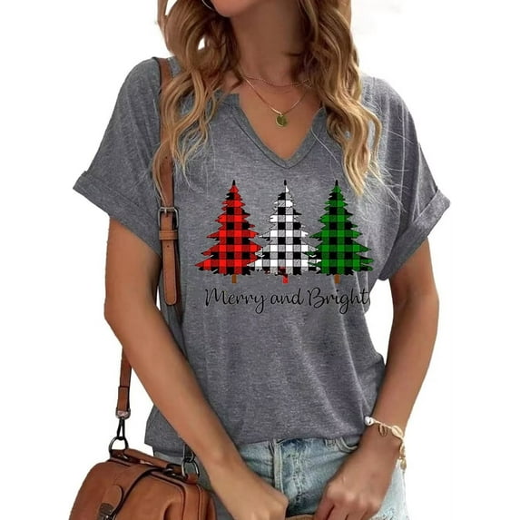 Womens Short Sleeve V Neck T-Shirts Merry Bright Christmas Tree Graphic Tee Tops