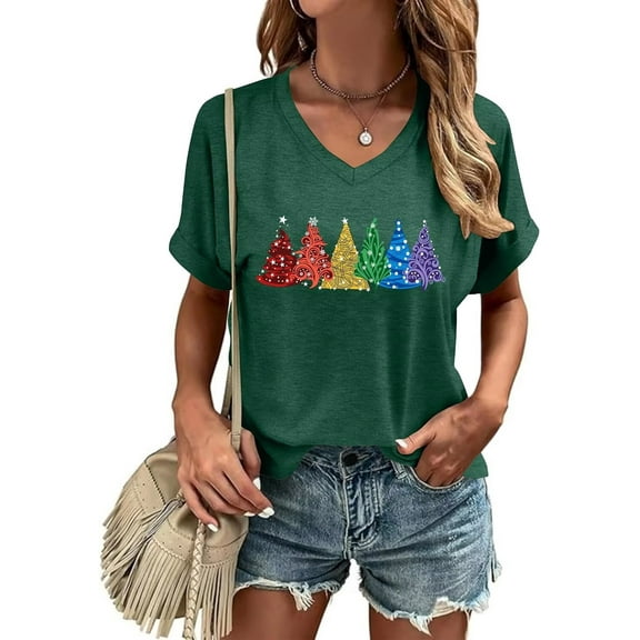 Womens Short Sleeve V Neck T-Shirts Merry Christmas Shirts Merry and Bright Christmas Tree Graphic Tee Tops