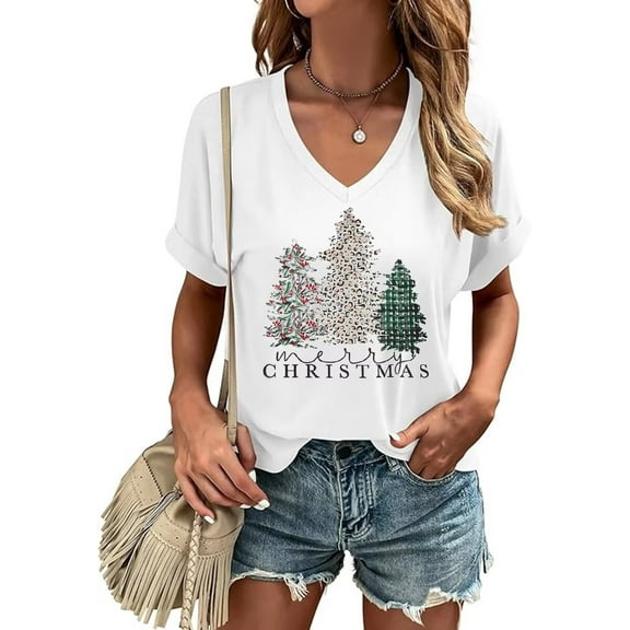 Womens Short Sleeve V Neck T-Shirts Merry Christmas Shirts Merry and Bright Christmas Tree Graphic Tee Tops