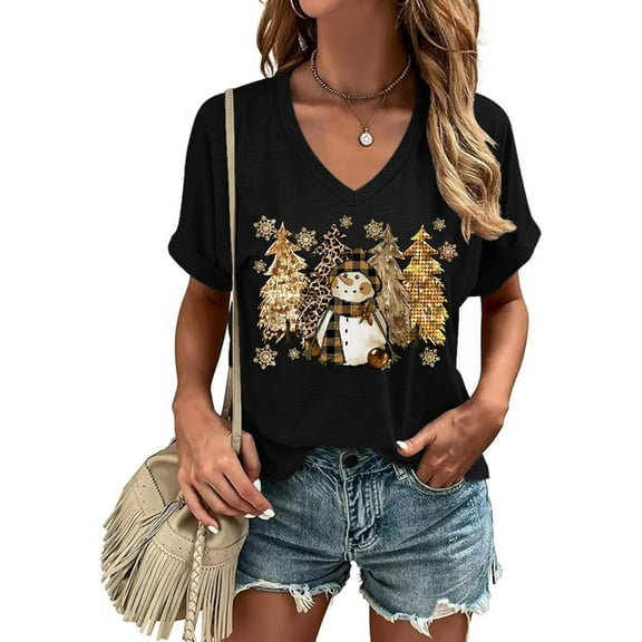 Womens Short Sleeve V Neck T-Shirts Merry Christmas Shirts Merry and Bright Christmas Tree Graphic Tee Tops