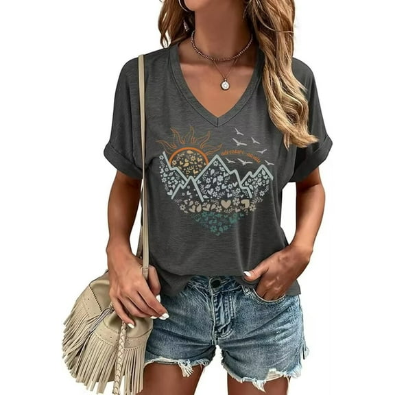 Womens Short Sleeve V Neck T-Shirts Wildflower Printed Graphic Tee Tops