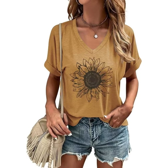 Womens Short Sleeve V Neck T-Shirts Wildflower Printed Graphic Tee Tops