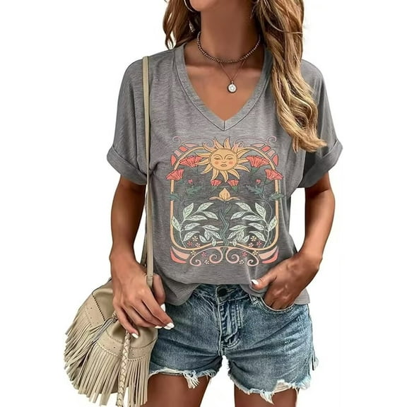 Womens Short Sleeve V Neck T-Shirts Wildflower Printed Graphic Tee Tops