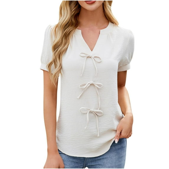 Womens Short Sleeve V Neck Tie Detail Blouse Solid Color Pullover Top Casual Chic Shirt for Work Office Date Night Out