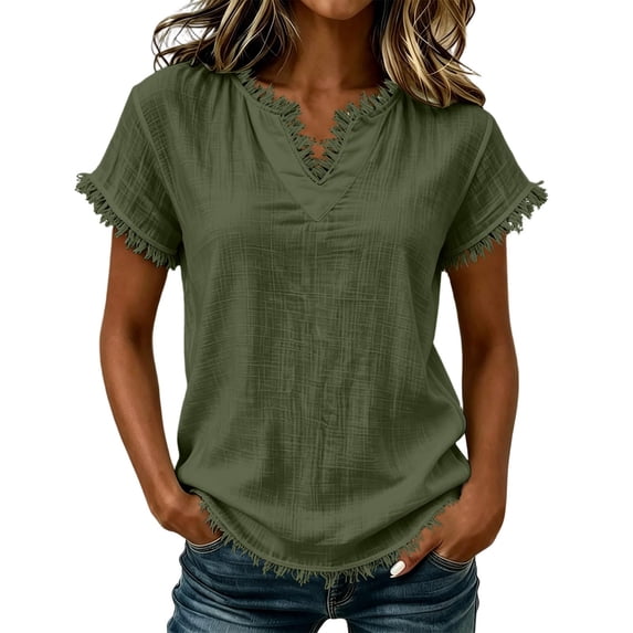 Womens Short Sleeve V Neck Tshirts Tops Summer Boho Beach Tops Solid Color Raw Edge Hem Gauze Blouses, S