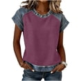 thumbnail image 1 of Womens Short Sleeve Waffle Knit Top Denim Trim, Raglan Sleeve Summer Round Neck Tees Casual Layered Look T-Shirts for Daily Wear Soft Jean Inspired 2026 Fashion, 1 of 8