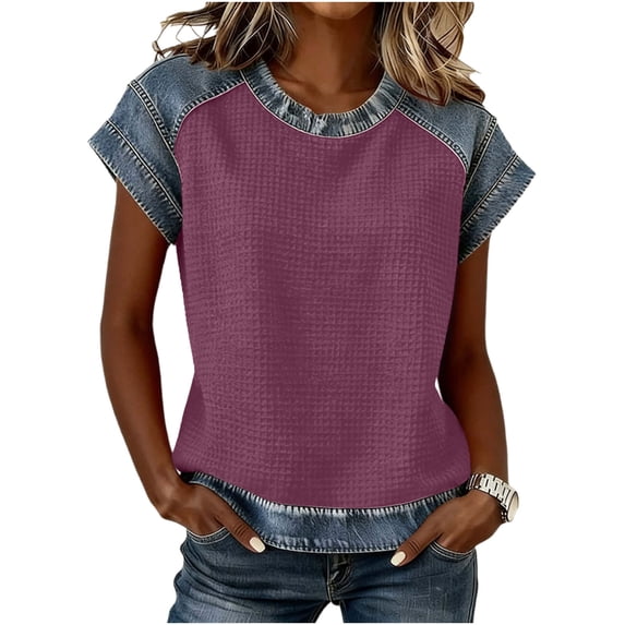 Womens Short Sleeve Waffle Knit Top Denim Trim, Raglan Sleeve Summer Round Neck Tees Casual Layered Look T-Shirts for Daily Wear Soft Jean Inspired 2026 Fashion