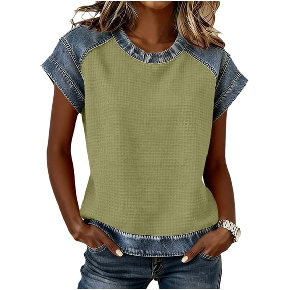 Womens Short Sleeve Waffle Knit Top Denim Trim, Raglan Sleeve Summer Round Neck Tees Casual Layered Look T-Shirts for Daily Wear Soft Jean Inspired 2026 Fashion