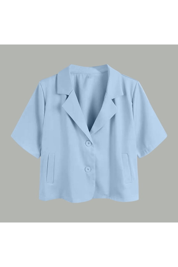 Womens Short Sleeve Work Office Blazer Jacket Lapel Neck Button Down Cropped Shirt Suit Blouses 2026 Trendy Blouse 2026 Spring Summer Limited-time offer