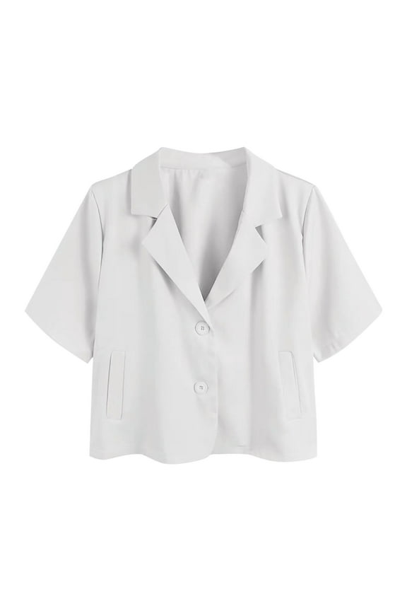 Womens Short Sleeve Work Office Blazer Jacket Lapel Neck Button Down Cropped Shirt Suit Blouses 2025 Trendy Blouse