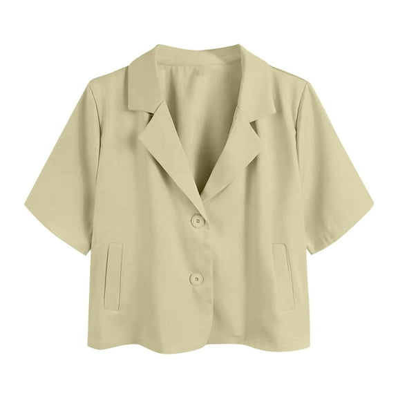 Womens Short Sleeve Work Office Blazer Jacket Lapel Neck Button Down Cropped Shirt Suit Blouses 2025 Trendy Blouse