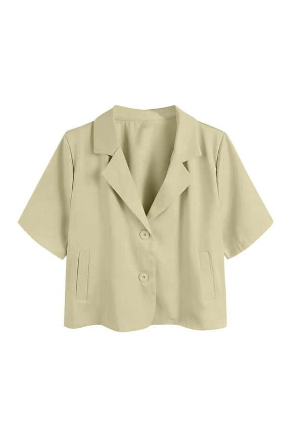 Womens Short Sleeve Work Office Blazer Jacket Lapel Neck Button Down Cropped Shirt Suit Blouses 2025 Trendy Blouse