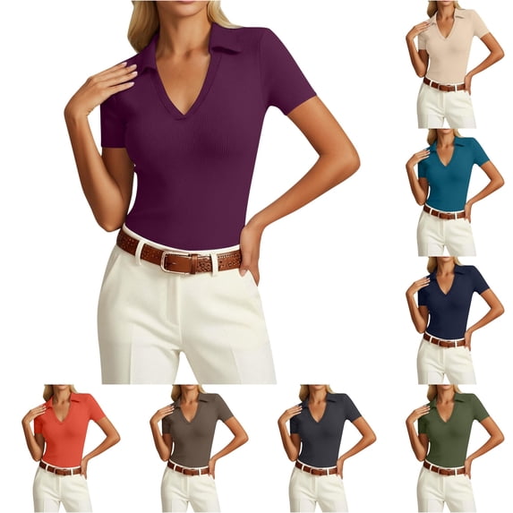 Womens Short Sleeve Work Shirts Summer V Neck Business Casual Polo Tops Basic Office Blouses Dark Purple Size S