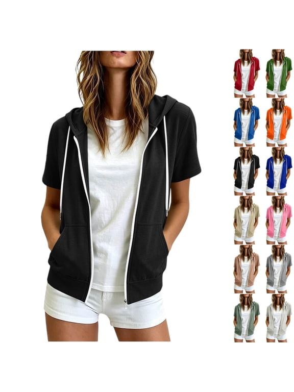 Womens Short Sleeve Zip Up Hoodies Lightweight Slim Fit Drawstring Comfort Sweatshirts Summer Casual Fashion Clothes
