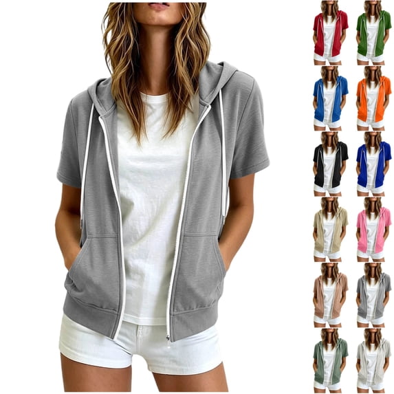 Womens Short Sleeve Zip Up Hoodies Lightweight Slim Fit Drawstring Comfort Sweatshirts Summer Casual Fashion Clothes