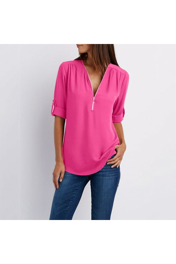 Womens Short Sleeve Zipper V Neck Tops Sexy Ladies Tunic Shirt Blouses Tees Summer Chiffon Comfy Plus Size T Shirt