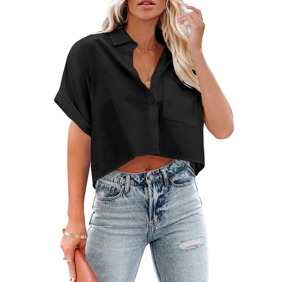 Womens Short Sleeved Button Down Cropped Shirts, Casual Crop Tops, Lapel Blouse with Chest Pocket