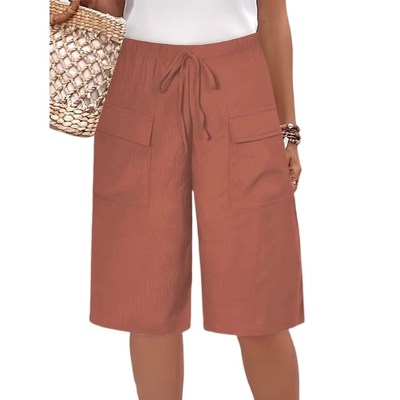 Womens Short Style with Pockets Casual Shorts for Women Summer Relaxed Fit Five Point Length Orange-Red S