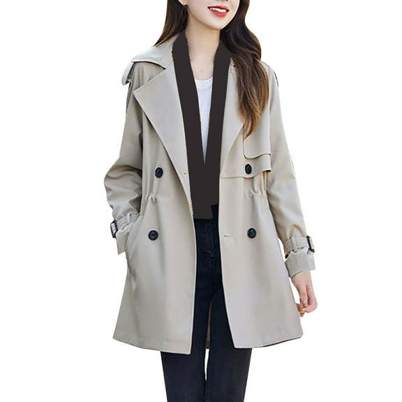 Womens Short Trench Coats with Pockets Elegant Collared Double-Breasted Jackets Ladies Casual Lightweight Solid Long Sleeve Outerwear