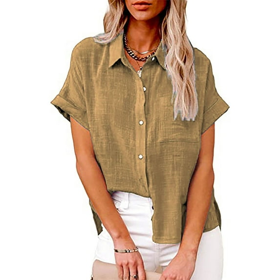 Womens Short-sleeved Shirt, Casual Ladies Plus Size Bottom Down Lapel Cotton Tops Shirts for Summer Autumn(Khaki,S-5XL)