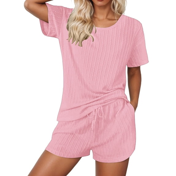 Womens Shorts 2 Piece Sets Summer Short Sleeve Drawstring High Waisted Shorts Matching Crop Athletic Relaxed Fit Tops Sports Clothes Pink XL