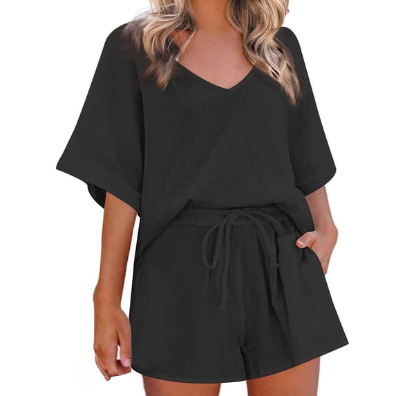 Womens Shorts 2 Piece Sets V Neck Short Sleeve High Waisted Summer Shorts Suit Drawstring Soft Loose Fit Comfortable Loungewear Basic Tops Black XL