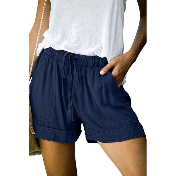 Womens Shorts 2024 Comfy Drawstring Elastic Waist Shorts Summer Casual Loose Solid Mid Rise Sports Short Pants with Pockets on Clearance Navy_M