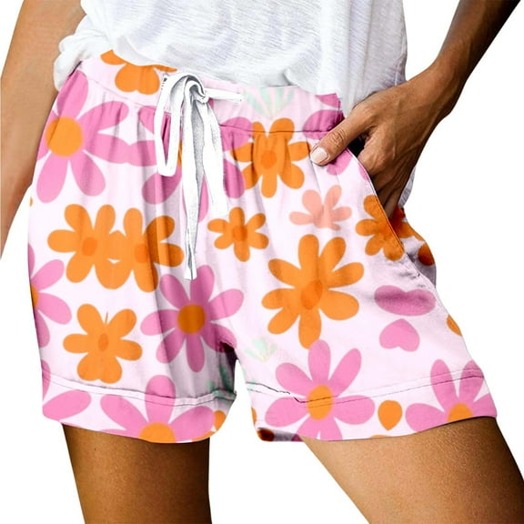 Womens Shorts 2025 Summer Casual Print Loose Lace Up Sports Loose High Waisted Short with Pockets S-2XL