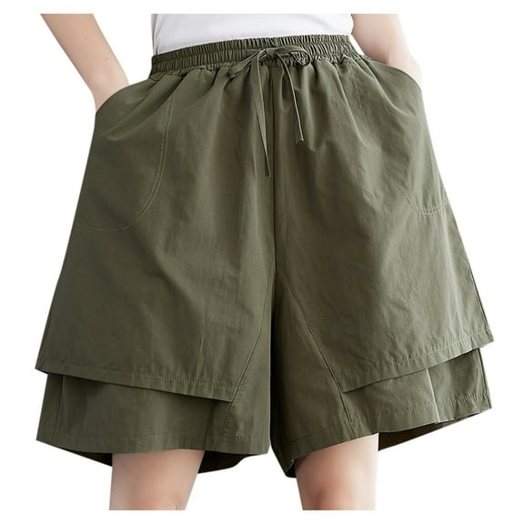 Womens Shorts 2025 Summer Cotton Linen Retro Casual Elastic Waistband Wide Leg Pants Solid Color Cropped Pants Flowy Shorts M-3XL