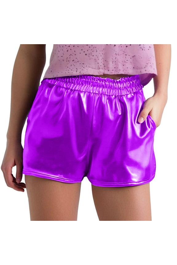 Womens Shorts 2025 Summer Metallic Shiny Pants Elastic Waist Rave Dance Casual Beach Shorts S-2XL