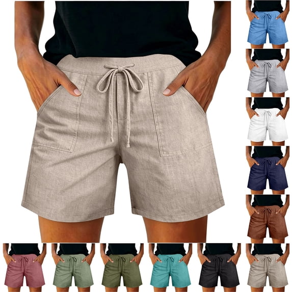 Womens Shorts 2026 Comfy Summer Drawstring High Waist Cotton Shorts with Pockets for Women Trendy by Yigetop Beige L