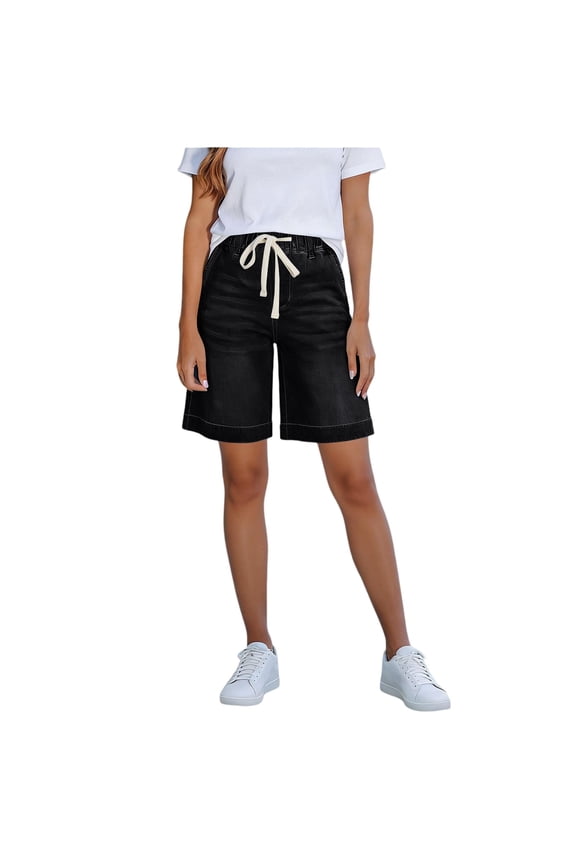 Womens Shorts 6"Solid-Color Jeans Short with Elastic-Waist Drawstring Pockets Versatile Perfect for Commuting Suitable for Many Body Types
