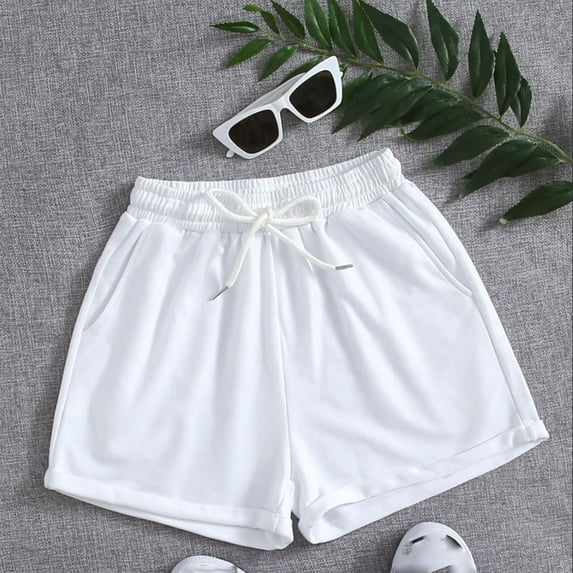 Womens Shorts Aoujea Summer Women Plus Size Women's Solid Casual Loose Pockets Lacing Drawstring Shorts Pants White on Clearance