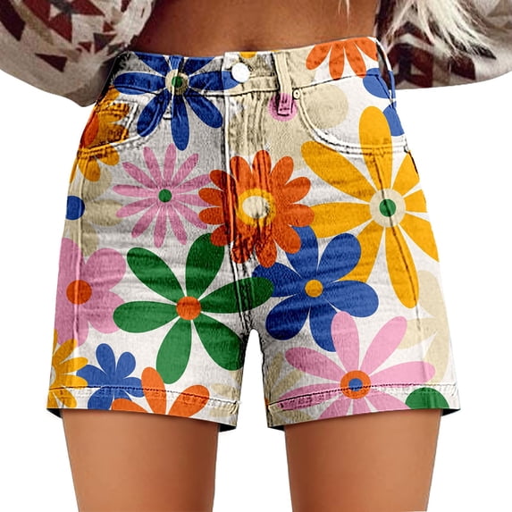 Womens Shorts BWASD Casual Retro Boho Floral Printed Relaxed Fit Summer Beach Pants with Pockets Button Elastic Waist Workout Shorts Outdoor Fashion Clothes (Yellow,L)