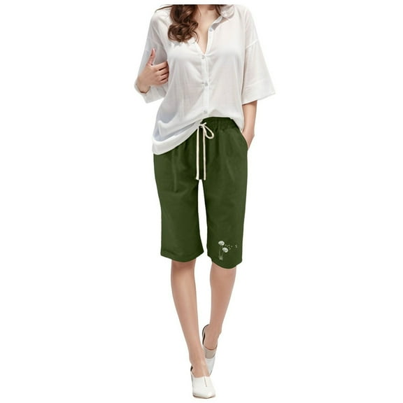 Womens Shorts Bermuda Shorts for Women Floral Knee Length Elastic Waist Drawstring Loose Wide Leg Shorts Summer Trendy Casual Shorts S-5XL