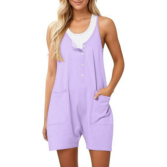 Womens Shorts Bib Overalls Fashion Button up Sleeveless Baggy Comfy Wide Leg Short Jumpsuits with Pockets Purple X-Large