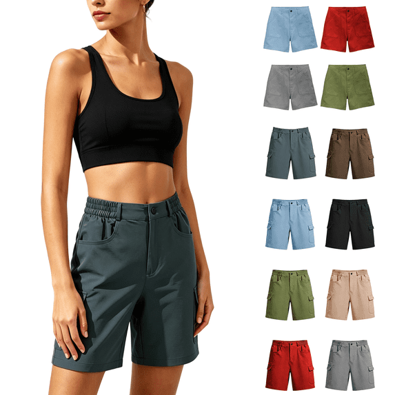 Womens Shorts with Button Closure, Mid Waisted Casual Solid Color Shorts with Pockets, Summer Outdoor Hiking Jogging Athletic Work, Womens Shorts | VerBelle,Light Blue XL
