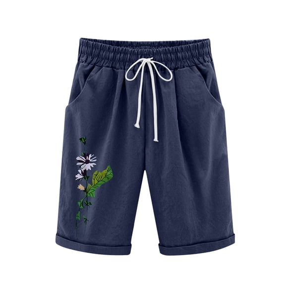 Womens Shorts Casual Cotton Linen Bermuda Shorts for Women Elastic Drawstring Summer Beach Bermuda Pocketed Shorts