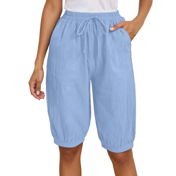 Womens Shorts Casual Fashion Solid Large Elastic Pants Capris Summer Flowy Shorts with Pockets S-2XL